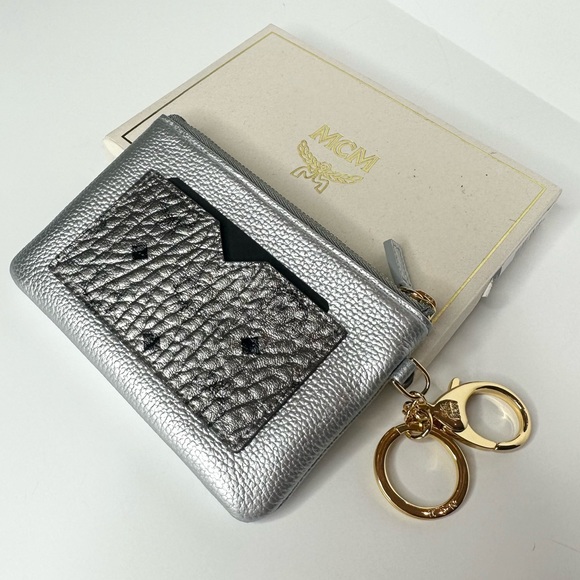 MCM Metallic Silver Visetos Leather Coin/Card
Pouch w/ Gold Keychain, NWT